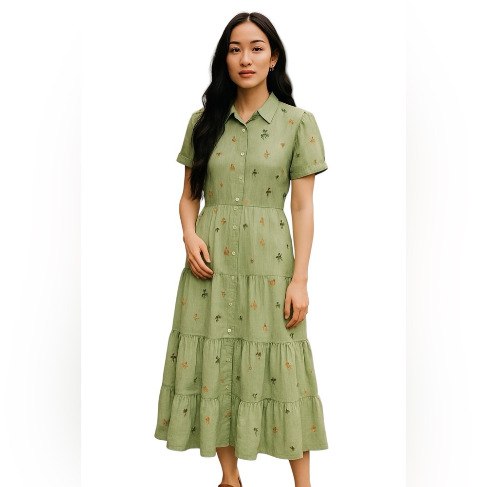 Fig and flower size S green flora dress midi embroidered Cottagecore